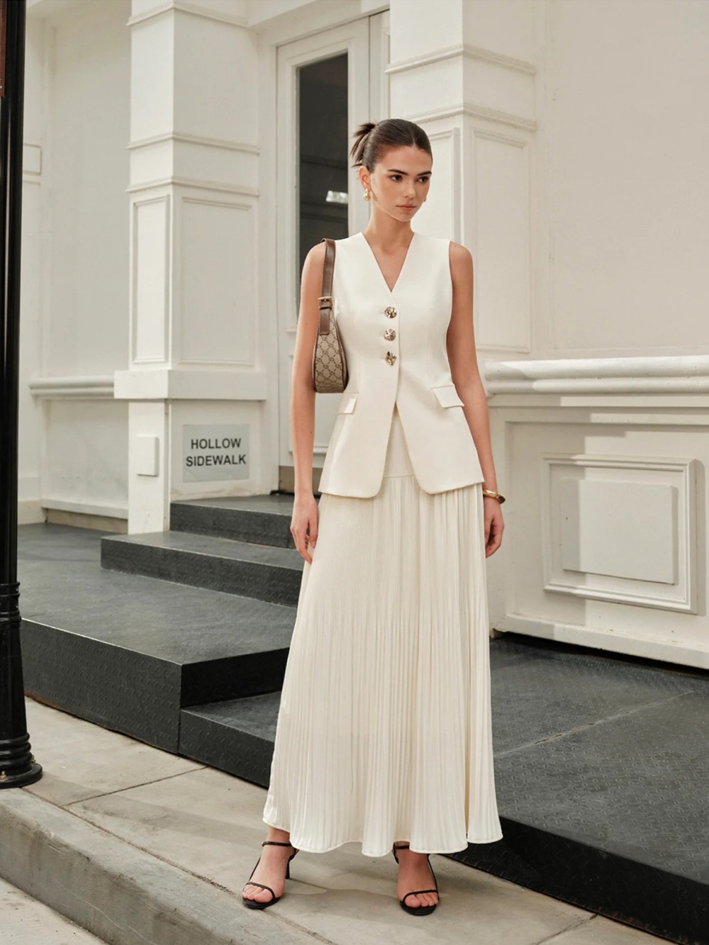 Commense Cream Maxi Pleated Skirt with Matching Vest